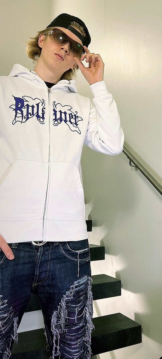 Rplanet white zipper hoodie purple color logo