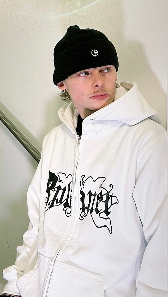 Rplanet white zipper hoodie black color logo
