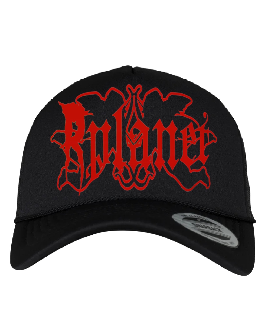 Black trucker cap with red logo