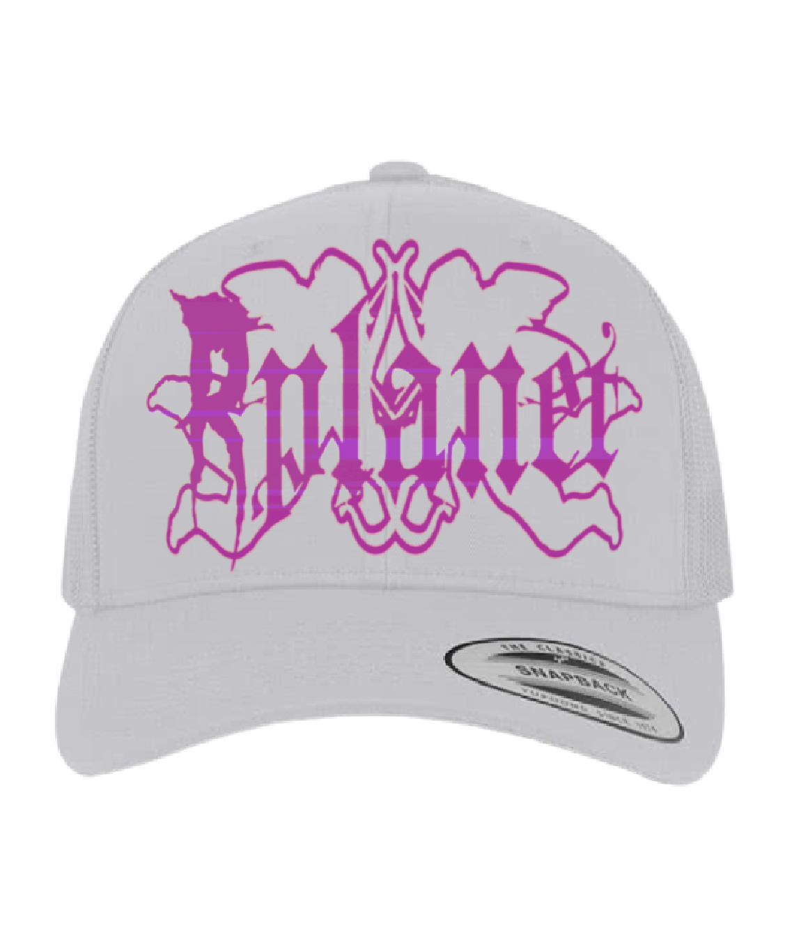 White trucker cap with pink logo