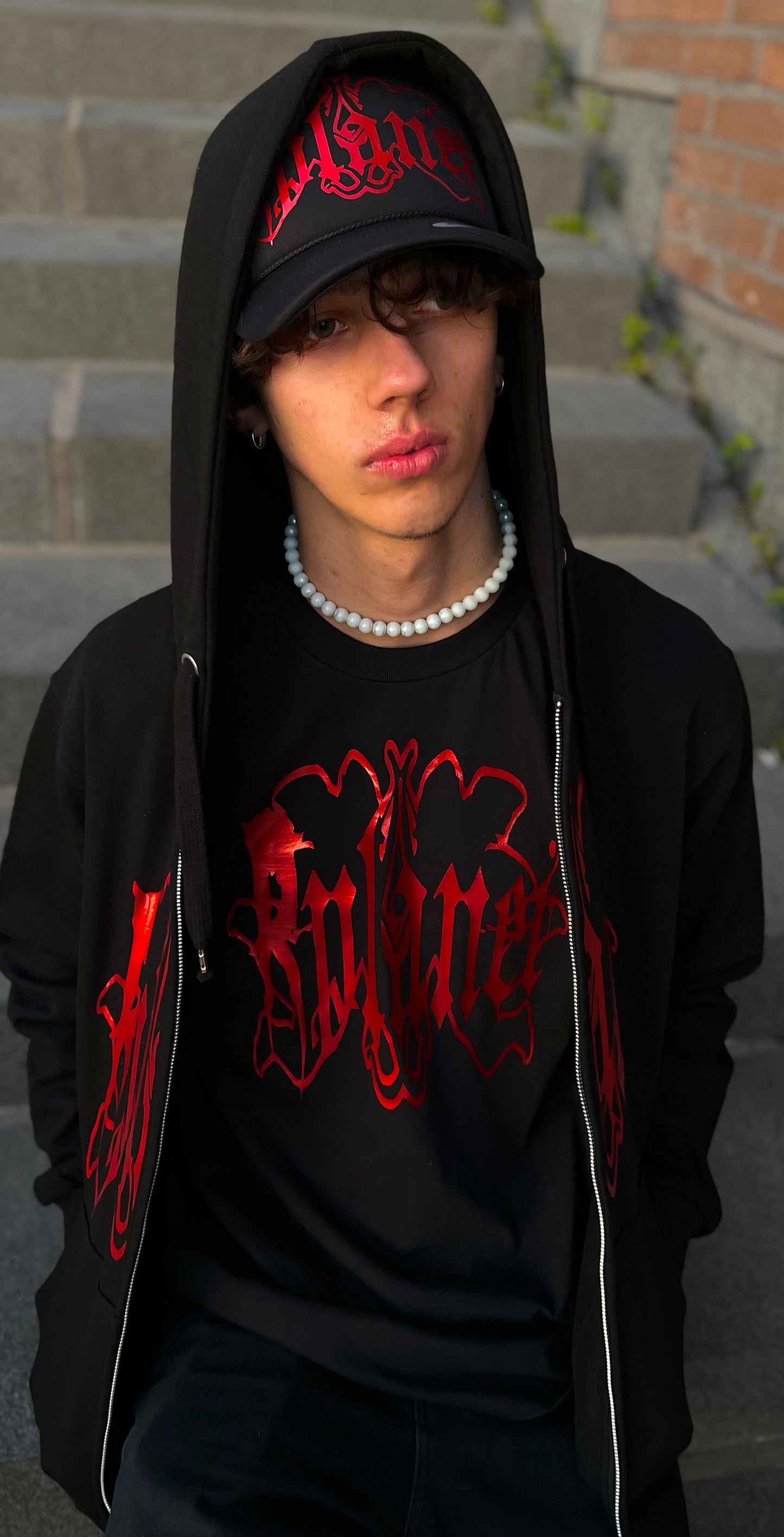 Black t-shirt with red logo